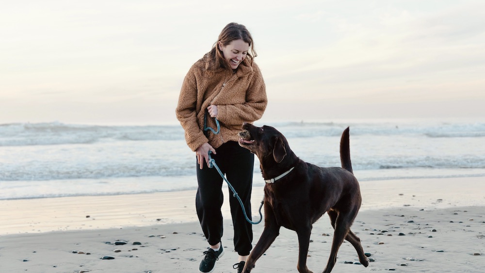 Das Foto zeigt eine Frau und einen Hund am Strand.